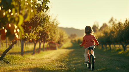 Adorable little girl riding a bicycle in an orchard at sunsetの素材