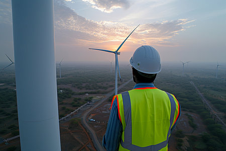 An engineer or architect in a white helmet and reflective vest is standing in front of wind turbines at sunset.の素材