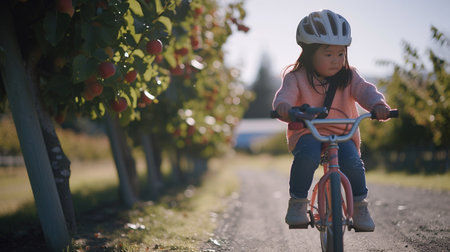 Little girl riding a bicycle in the apple orchard. Selective focus.の素材