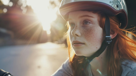 Close up portrait of a red-haired girl in a helmet on a scooter.の素材