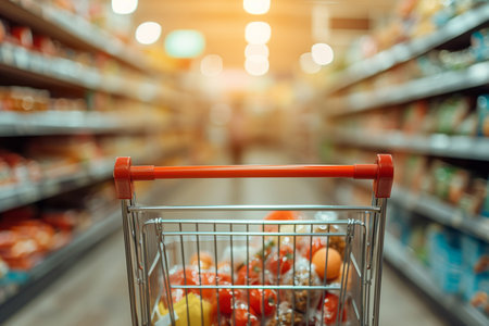 Shopping cart with food in supermarket, Supermarket blur background.の素材