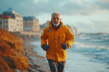 Senior man jogging on the beach by the sea in a yellow jacket.の素材