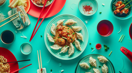 Dumplings with meat and vegetables on a blue background. top viewの素材