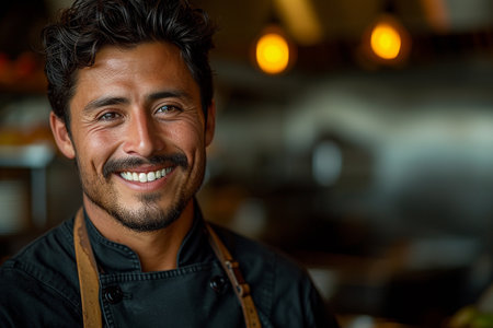 Portrait of smiling waiter standing in a coffee shop and looking at cameraの素材