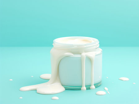 cosmetic cream in a glass jar on a turquoise backgroundの素材
