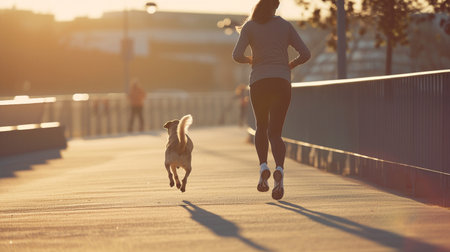 young fitness woman jogging at sunrise on city bridge with her dogの素材