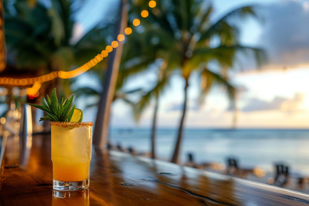 Refreshing tropical cocktail on a tropical beach with palm trees at sunsetの素材