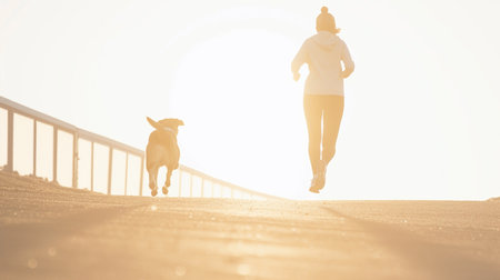 young fitness woman running at sunrise seaside trail with her dog.の素材