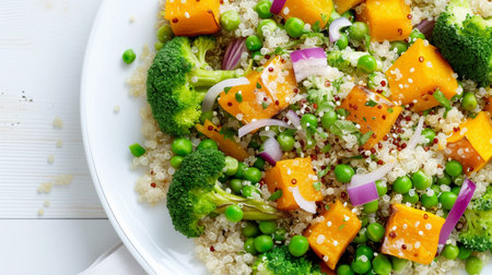 Vegetarian quinoa salad with pumpkin, broccoli, green peas, onion and sesame seedsの素材