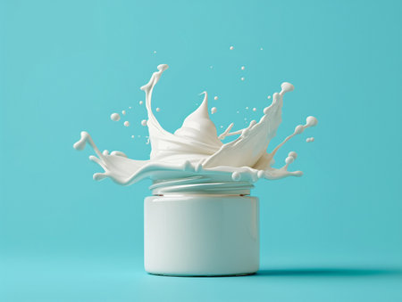 White jar of cream with splash on blue background. 3d renderingの素材