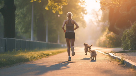 Young woman jogging with her dog in a park at sunset.の素材