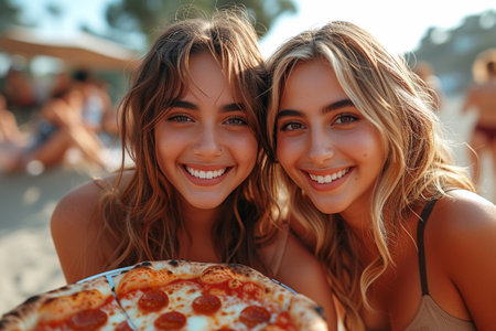 Close up portrait of two happy young women with pizza on the beachの素材