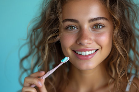 Close up portrait of a young woman brushing her teeth with a toothbrushの素材