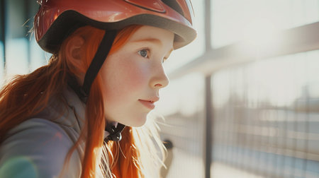 Portrait of a red-haired girl in a helmet. Selective focus.の素材