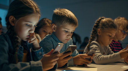 selective focus of kids using smartphones during lesson in classroom at schoolの素材