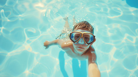Child swims in pool. Kid swims in pool with goggles and snorkel.の素材