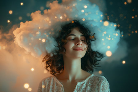 Portrait of a beautiful young woman in a white dress with a cloud of smoke.の素材
