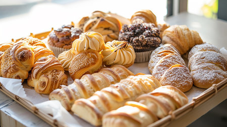 Assortment of pastries in a bakery shop. Bakery productsの素材