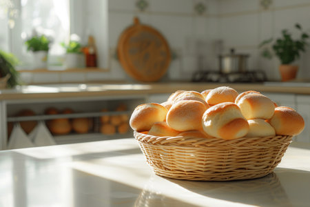 Basket with fresh buns on table in kitchen, closeupの素材
