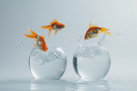 Goldfish jumping in water. Isolated on a white background.の素材