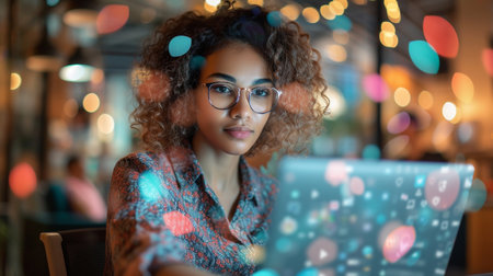 Portrait of young African-American businesswoman using laptop in cafeの素材