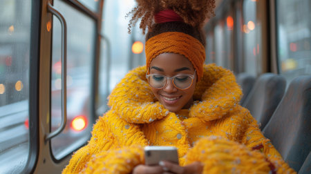 young african american woman in yellow coat using smartphone in busの素材