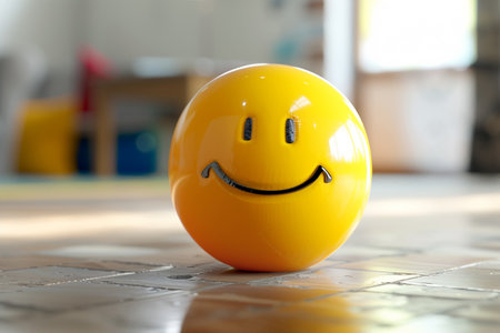 Smiling yellow ball on the floor at home, close-upの素材