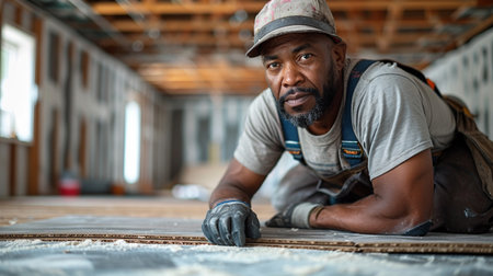 Portrait of an African-American construction worker laying flooring in a new houseの素材