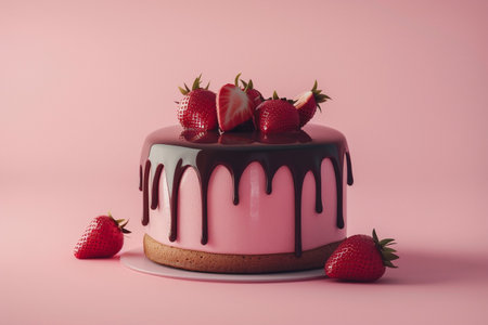 Chocolate cake with strawberries on pink background. Toned image.の素材