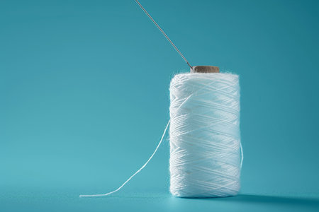 Spool of white thread with needle on blue background, sewing conceptの素材