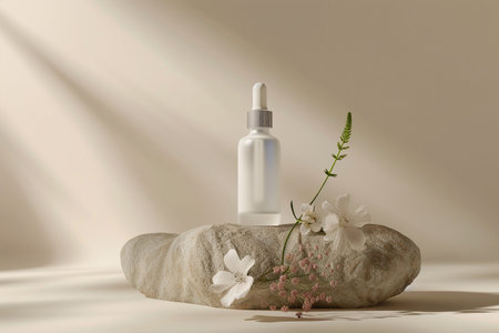 Bottle of essential oil with flower on stone. 3d renderingの素材