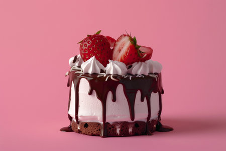 Chocolate cake with strawberries on a pink background, 3d renderの素材