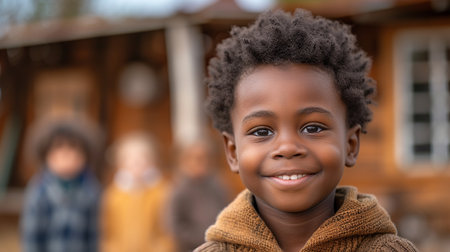 african american little boy smiling and looking at camera in parkの素材