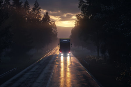 Truck on the road in the foggy forest at sunset.の素材