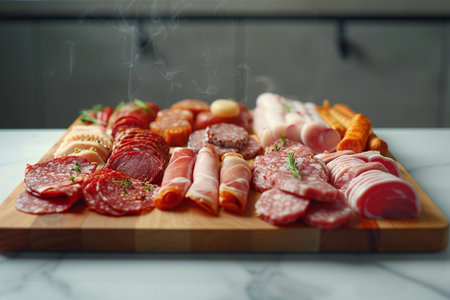 Assortment of sausages, ham, salami, smoked meat on wooden boardの素材