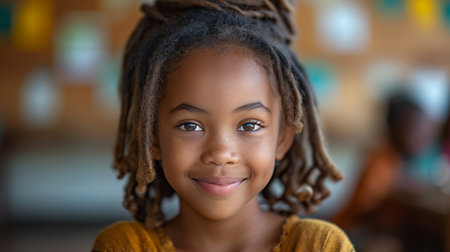 Portrait of smiling african american girl in classroom at schoolの素材