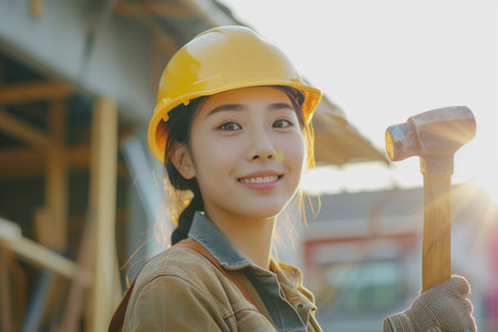 Portrait of young Asian woman construction worker wearing safety helmet and holding hammer at construction site.の素材