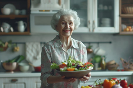 Smiling senior woman holding a plate of fresh vegetables in the kitchenの素材