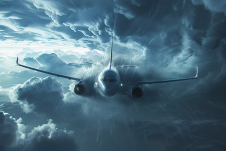 Airplane in the clouds. 3d rendering. Computer digital drawing.の素材
