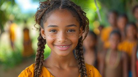 Portrait of a young girl with braids in front of the cameraの素材