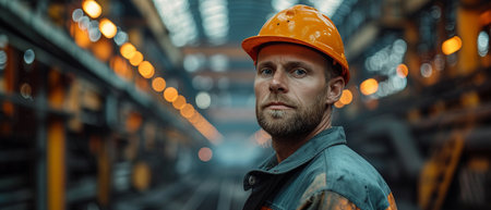 Portrait of a serious male worker in a construction site. Industrial background.の素材