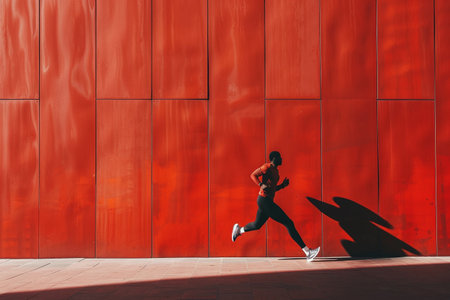 side view of african american sportswoman running on red wallの素材