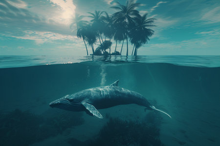 Whale underwater with palm trees and blue sky. 3d renderingの素材
