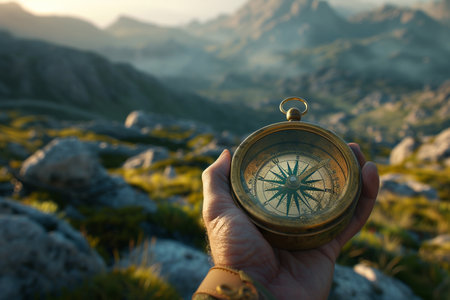 Man's hand holding a compass on the background of mountains at sunsetの素材