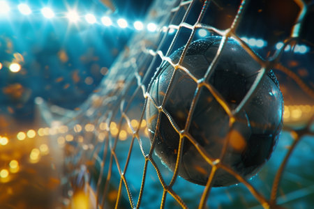 Soccer ball in the goal net on blurred background. Close-up.の素材