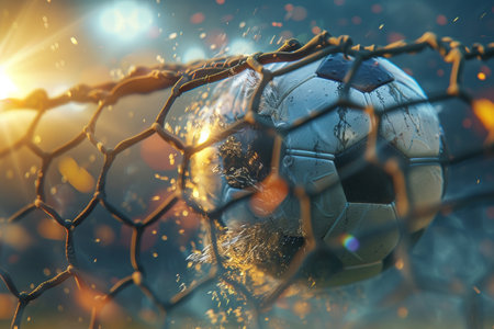 Soccer ball in the goal net. Close-up view.の素材