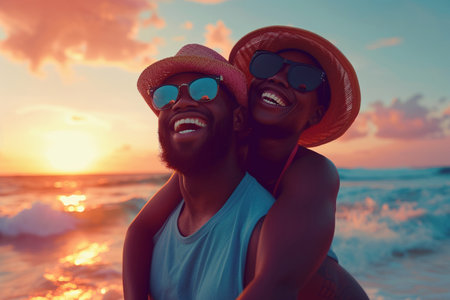 Portrait of happy african american couple sitting on beach at sunsetの素材