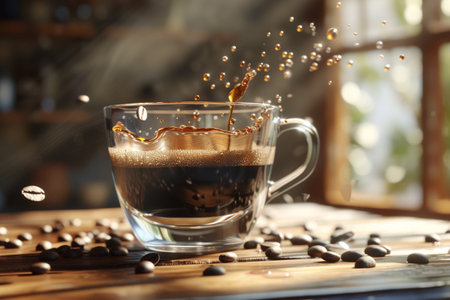 Cup of coffee with splashes on wooden table, closeupの素材