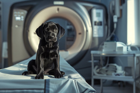 Cute black labrador retriever puppy sitting on a bed in ct scanner roomの素材