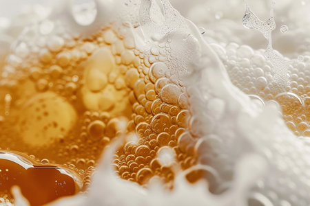 Close up of beer foam on white background. Shallow depth of fieldの素材